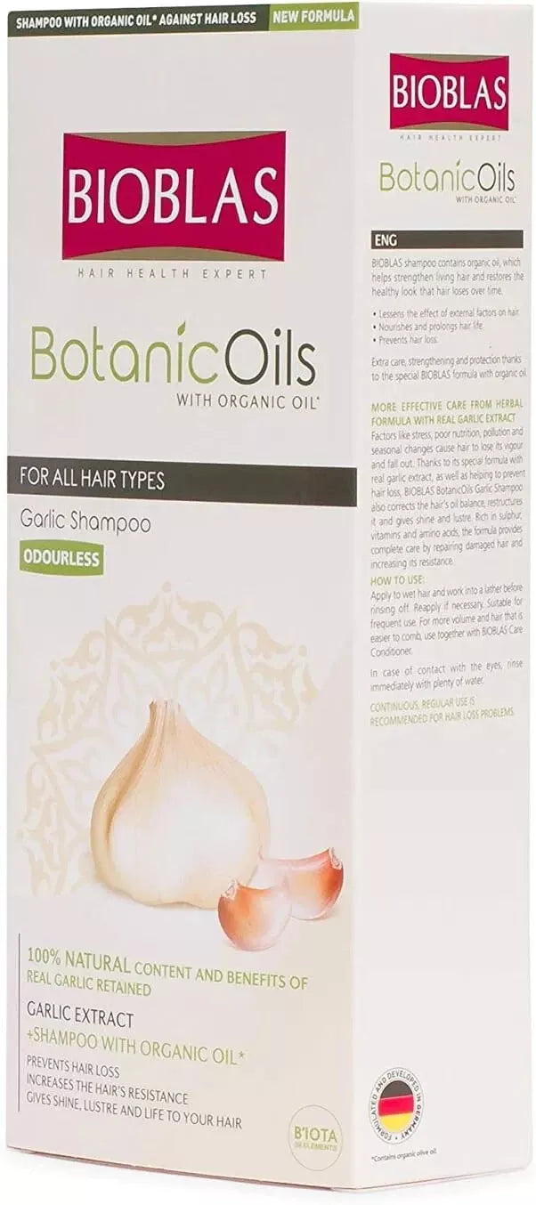 Bioblas botanic oils, garlic shampoo, odourless, dermatologically tested-360ml.